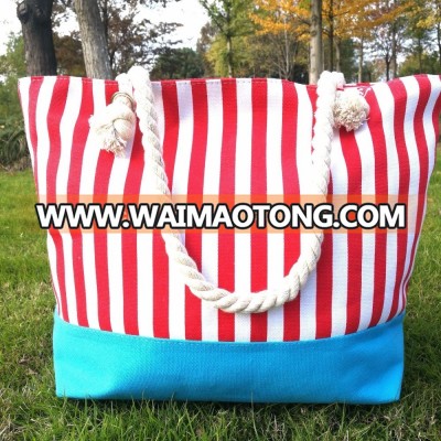 Fashion Rope Hand Canvas Stripe Printed beach tote bag