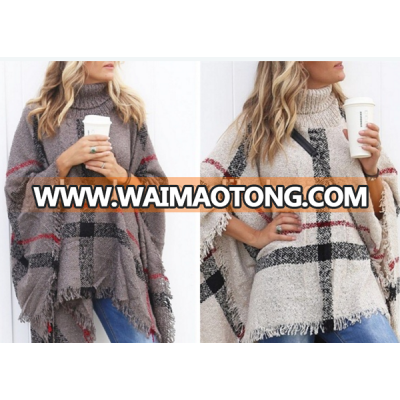 Stock 17colors High Neck Pashmina Plaid Poncho