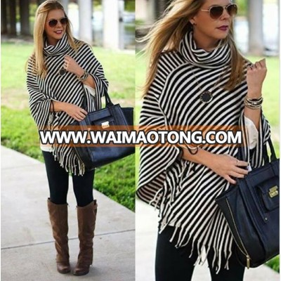 Stock Black and White Stripe High Neck Knitted Poncho